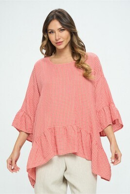 CLT651 Checkered Round Neck Pullover Top with Flounce Bottom