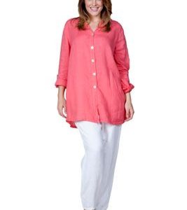 HLT451 Mandarin Collar Button Up Top with Roll Sleeves