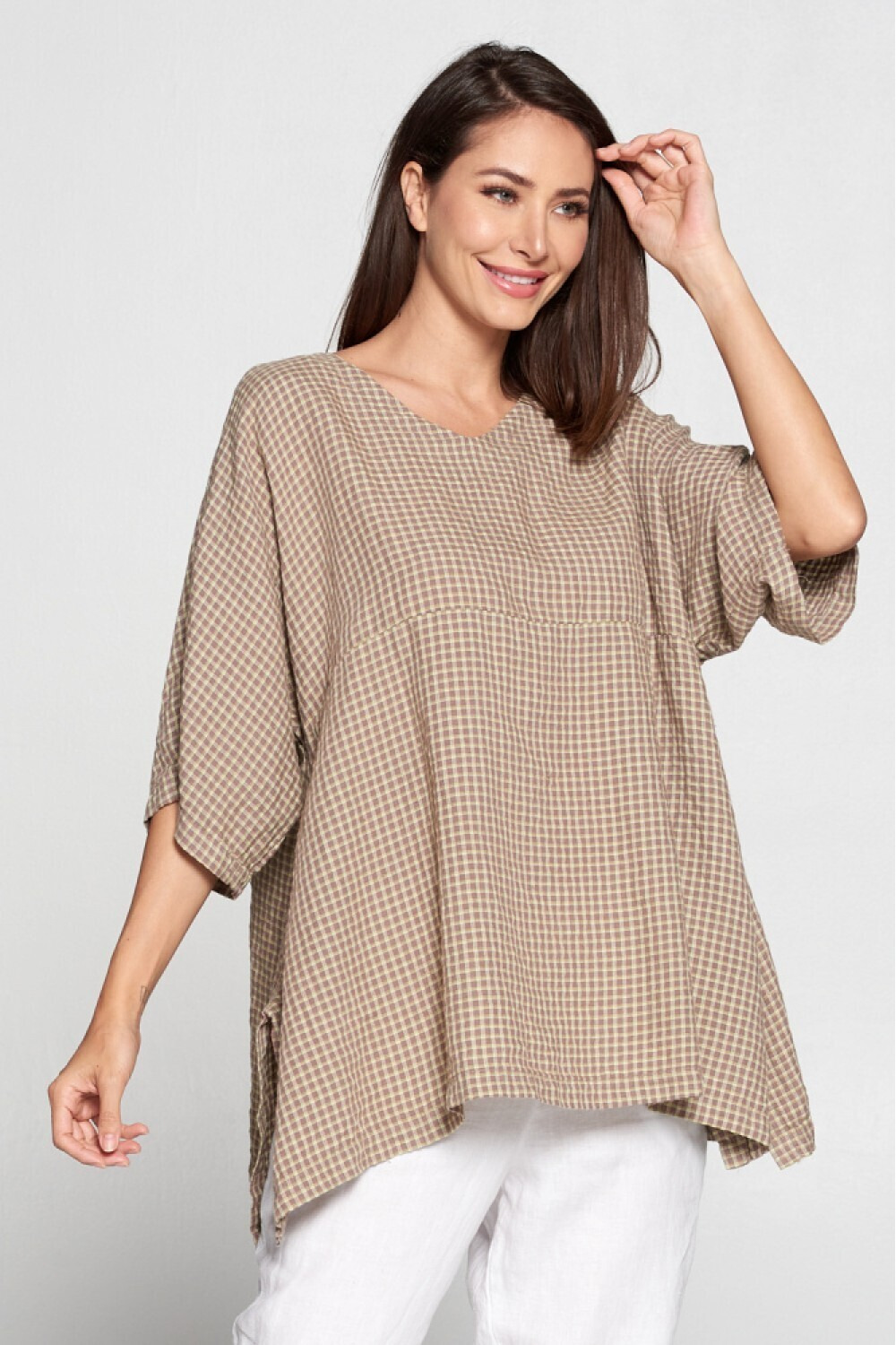 CLT248 Kimono Top in Crinkle Checkered